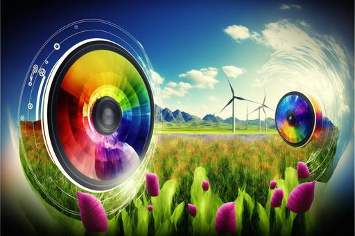 glossy sound waves surrounding glossy colorful bubbles, glossy picture frames of various beautiful flowers, PowerPoint background, hardstyle wallpaper, grassy field of flowers glossy user interface, lush field of solar panels and wind turbines, better future --ar 3:2