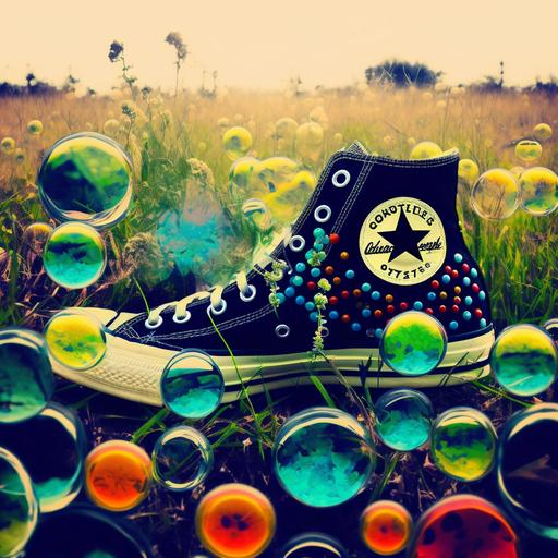 kandi orbeez shoelaces on converse sneakers tinted vintage instagram filter surrounded by glossy sound waves surrounding glossy colorful bubbles, glossy picture frames of various beautiful flowers, PowerPoint background, hardstyle wallpaper, grassy field of flowers glossy user interface, lush field of solar panels and wind turbines, better future