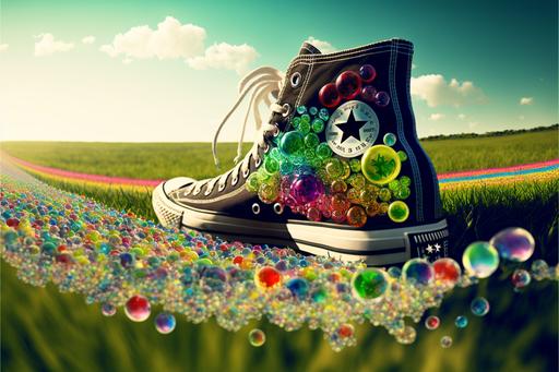 kandi orbeez shoelaces on converse sneakers tinted vintage instagram filter surrounded by glossy sound waves surrounding glossy colorful bubbles, glossy picture frames of various beautiful flowers, PowerPoint background, hardstyle wallpaper, grassy field of flowers glossy user interface, lush field of solar panels and wind turbines, better future --ar 3:2 --chaos 3