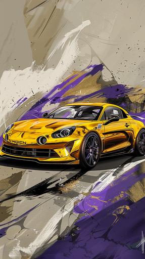 a line drawing of Alpine A110 R, realistic and hyper-detailed renderings, detailed sketches dynamic color schemes. installation creator, eye-catching detail, light cosmic gold and dark infinity purple --ar 9:16