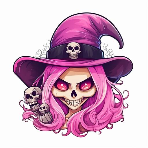 a spooky Halloween, a pink bad witch funny skull with blond hair color, witch hat, vector illustration on white background --style raw --v 5.2