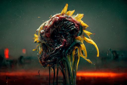 xenomorphic zombie sunflower, dead looking, meat , horror anatomy, fleshcitecture, futuristic, bioluminescence, liquid, mist, caustics, epic mood, cinematic environment , hyper detailed, insanely detailed and intricate, portrait, hyper maximalist, cinematic, octane render, colorful redshift render --aspect 3:2