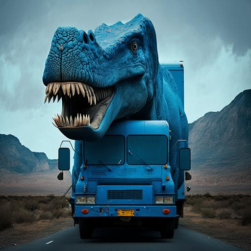 dinosaurio azul animado manejando un camion