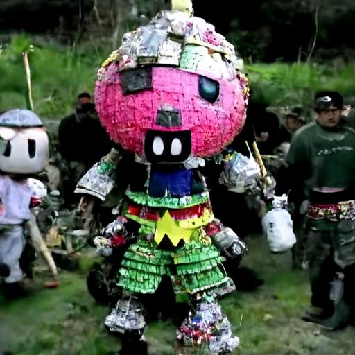 found footage of Bomberman Bomberman Mexican pinata made out of a Japanese oni samurai by yoshitaka amano made out of an incomprehensibly detailed mechanical energy swag trash fashion made out of breakcore mossy oak garbage
