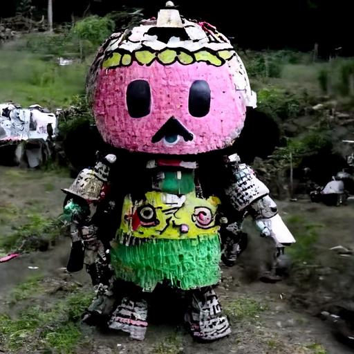 found footage of Bomberman Bomberman Mexican pinata made out of a Japanese oni samurai by yoshitaka amano made out of an incomprehensibly detailed mechanical energy swag trash fashion made out of breakcore mossy oak garbage