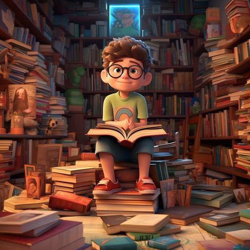 A cute 12 year old boy who loves to read books Surrounded by books Create a quiet learning atmosphere cartoon dream Pixar style 3D Vertical dimensions 8k