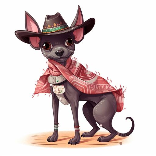 xoloitzcuintle puppy with a mexican charro hat, logo cartoon, showing tongue, cute, full body, with bandoliers and pistols, mexican style --v 5 --q 2