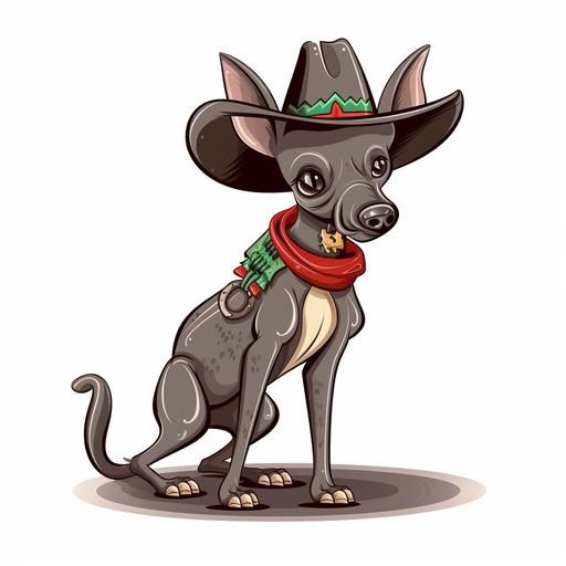 xoloitzcuintle puppy with a mexican charro hat, logo cartoon, showing tongue, cute, full body, with bandoliers and pistols, mexican style --v 5 --q 2