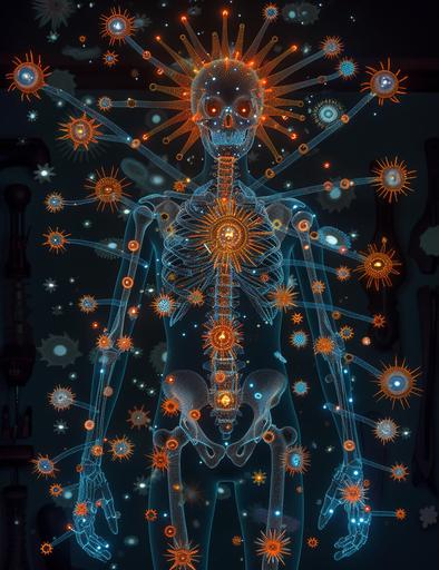 xray showing the whole body of a scary non-human monster, in the style of pointillistic dotting, dark azure and orange, canon af35m, miniature illumination, orderly symmetry, francis bacon, digitally enhanced --ar 77:100 --s 750 --v 6.0 --chaos 75