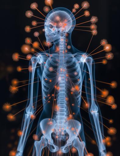 xray showing the whole body of a scary non-human monster, in the style of pointillistic dotting, dark azure and orange, canon af35m, miniature illumination, orderly symmetry, francis bacon, digitally enhanced --ar 77:100 --s 750 --v 6.0 --chaos 10