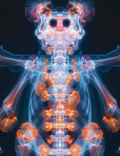 xray showing the whole body of a scary non-human monster, in the style of pointillistic dotting, dark azure and orange, canon af35m, miniature illumination, orderly symmetry, francis bacon, digitally enhanced --ar 77:100 --s 750 --v 6.0 --chaos 30