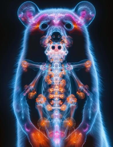 xray showing the whole body of a scary non-human monster, in the style of pointillistic dotting, dark azure and orange, canon af35m, miniature illumination, orderly symmetry, francis bacon, digitally enhanced --ar 77:100 --s 750 --v 6.0 --chaos 30
