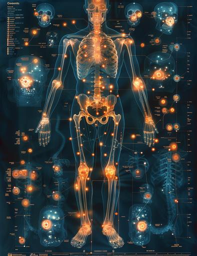 xray showing the whole body of a scary non-human monster, in the style of pointillistic dotting, dark azure and orange, canon af35m, miniature illumination, orderly symmetry, francis bacon, digitally enhanced --ar 77:100 --s 750 --v 6.0 --chaos 20
