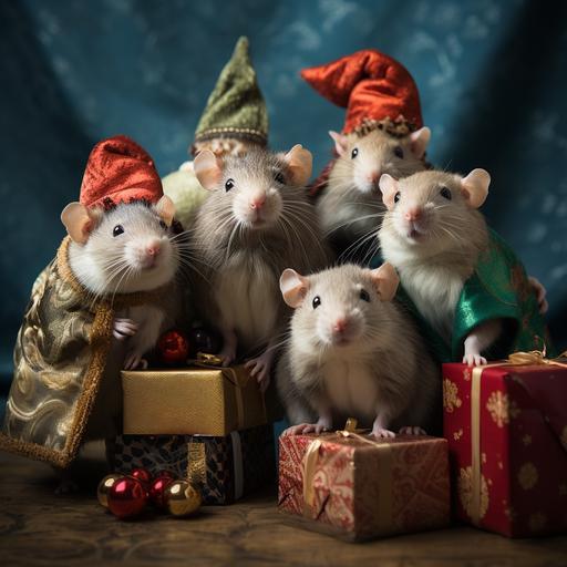 five female christmas rats, wearing hats. ultra photo realistic.