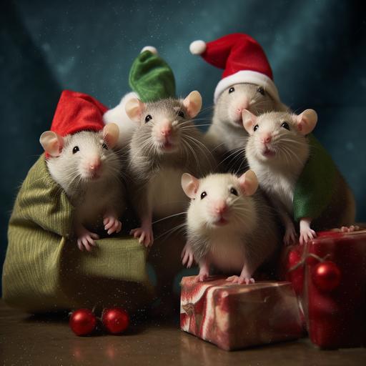 school. five female christmas rats, wearing hats. ultra photo realistic.