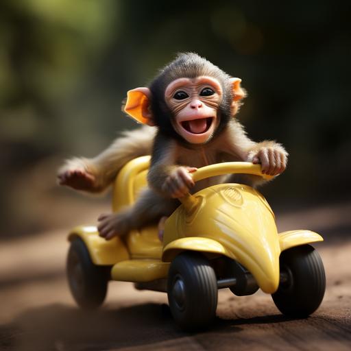 ultra realistic baby monkey driving a banana car