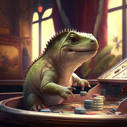 un pequeño bebe dinosaurio apostador jugando ruleta de casino