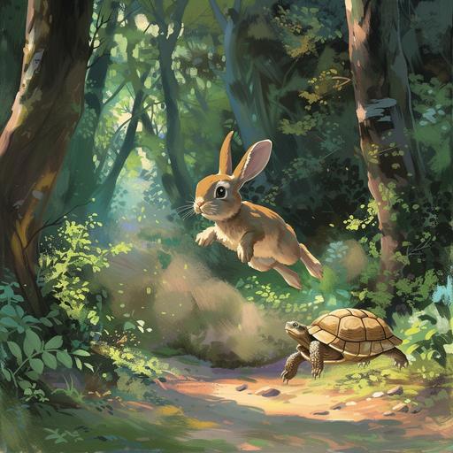 In the forest, a quick-footed, mischievous rabbit dashes at a swift pace, pursued leisurely by a slow-moving turtle. Please create this scene in a Studio Ghibli-inspired style that would delight young children. --v 6.0