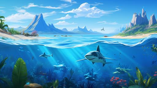 a cartoon sea with shark fans on the water, island far on the background, 4k, --ar 16:9