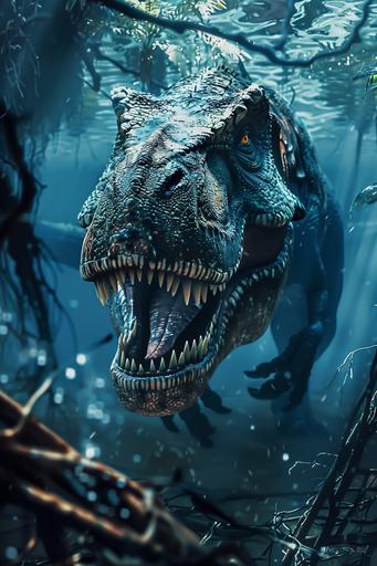 prehistorical dangeorous t-rex lurking hidden and ready to attack in the wild waters of mangrove, modern world, man terrified, clear brisk waters, hdr image with strong color contrast, dark blue, top isometric view, photography --ar 2:3 --v 6.0