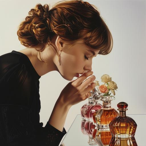 a women smells parfumes white background photorealistic insane detail
