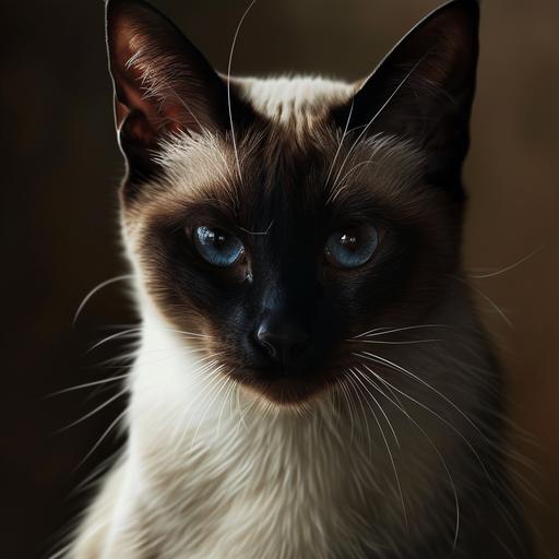 photorealistic, a handsome white and dark brown siamese tom-cat, a bit fat, with dark fur on the face, close up, exaggerated facial features, slightly squinty eyes, looks straight into the camera, i can't believe how beautiful this is --v 6.0