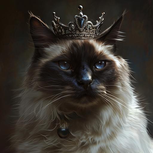 photorealistic, a super handsome white and dark brown siamese tom-cat, with arrogant look, in a big silver crown, wide face, with dark fur on the face, close up, exaggerated facial features, a little bit squinty eyes, looks into the camera, i can't believe how beautiful this is --v 6.0