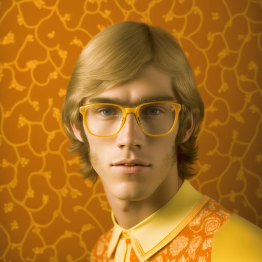 yearbook portrait of a 30 years old blond guy with braces and glasses, wearing a yellow and orange t-shirt, with a lemon print wallpaper, 70's photography esthetic