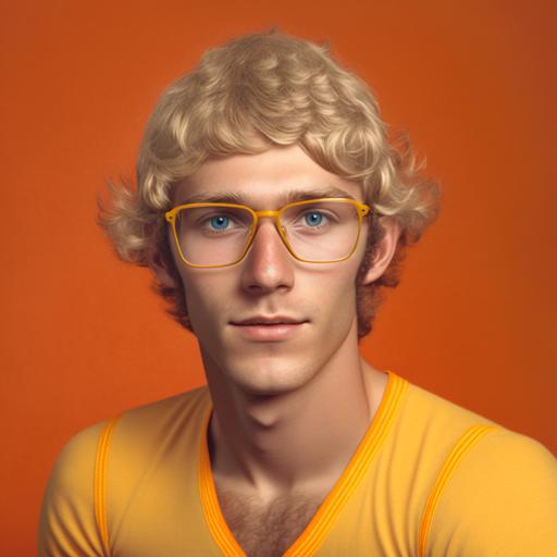 yearbook portrait of a 30 years old blond guy with braces and glasses, wearing a yellow and orange t-shirt, with a textured yellow background, 70's photography esthetic
