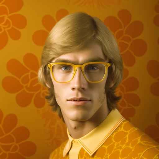 yearbook portrait of a 30 years old blond guy with braces and glasses, wearing a yellow and orange t-shirt, with a lemon print wallpaper, 70's photography esthetic