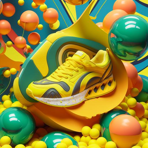 yellow PUMA running shoes in a psychedelic ball pit, with bananas
