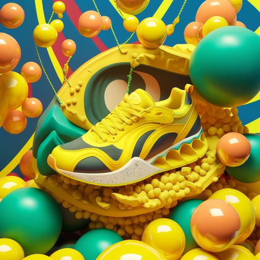 yellow PUMA running shoes in a psychedelic ball pit, with bananas