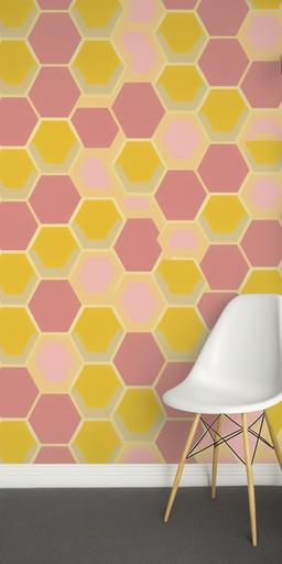 yellow and pink hexagonal wallpaper pattern, like something from a wes anderson movie --ar 1:2 --s 650 --v 4