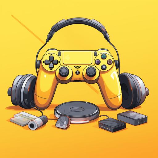 yellow background, PlayStation 5 Controler, Mechanical KeyBoard, Gaming Mouse , Headphones in cartoon style