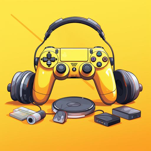 yellow background, PlayStation 5 Controler, Mechanical KeyBoard, Gaming Mouse , Headphones in cartoon style