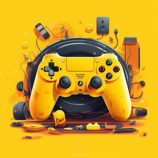 yellow background, PlayStation Controler, Mechanical KeyBoard, Mouse PC, Headphones in cartoon style