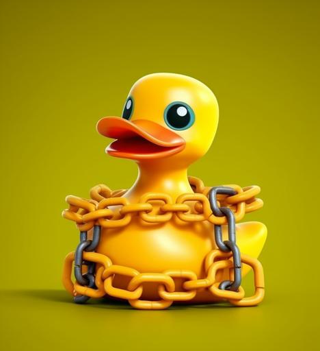yellow cartoon trendy rubber duck with chain, in the style of whimsical gag-humour, playful visual puzzles, neopunk --ar 11:12 --v 5.1 --q 2 --style raw --s 250 --v 5.1 --q 2 --style raw --s 250