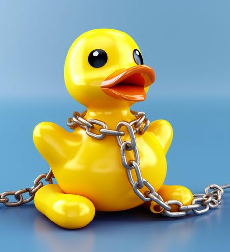 yellow cartoon trendy rubber duck with chain, in the style of whimsical gag-humour, playful visual puzzles, neopunk --ar 11:12 --v 5.1 --q 2 --style raw --s 250 --v 5.1 --q 2 --style raw --s 250