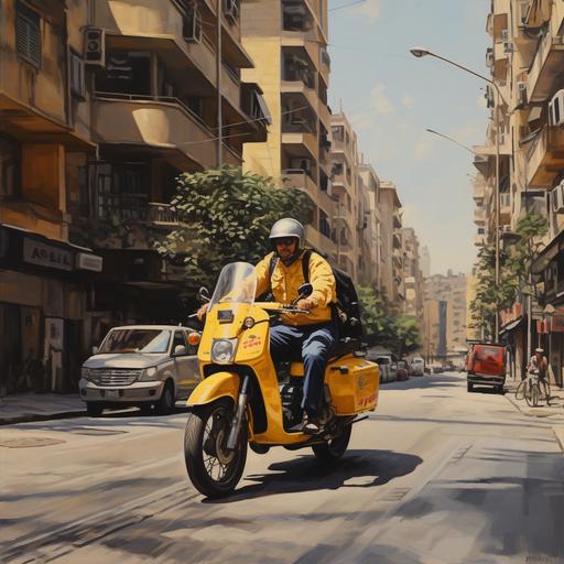 yellow delivery motorcycle, painting the road yellow, beirut city