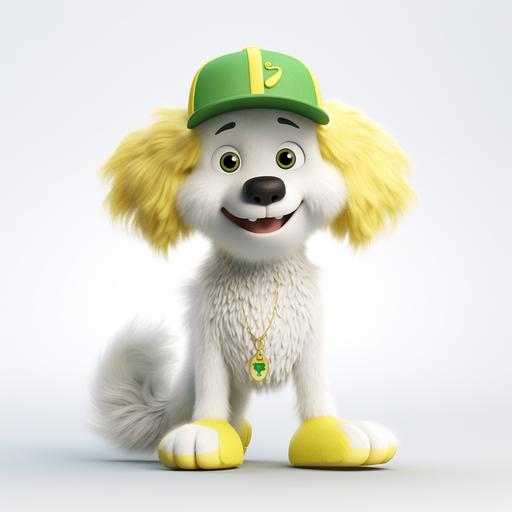 a yellow fluff Koki dog by Disney style,Wearing a green football jersey,Wearing a green and white baseball cap，Wearing a pair of white sneakers，Big black eyes ， Standing on a skateboard(FLS),pastel color,mockup,fine luster,Pure white background,3D render,Soft focus,oc,blender,IP,best quality,8k --v 5
