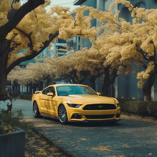 yellow ford mustang 2016 in Japanese street, cherry blossoms season, cinematic --q 2 --s 750 --v 5