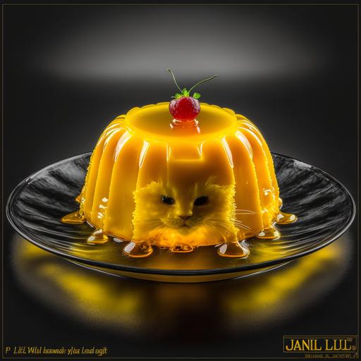 yellow jello mold cat product photography --chaos 40 --q 2 --v 4