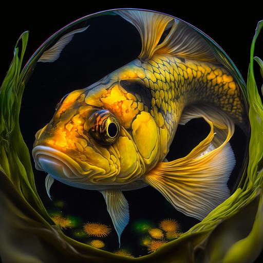 yellow koi fish in a pond , yellow irisis around the edge of the pond ,complex, intricate, insane detail, , up light , inner glow --v 4 --q 2 --v 4