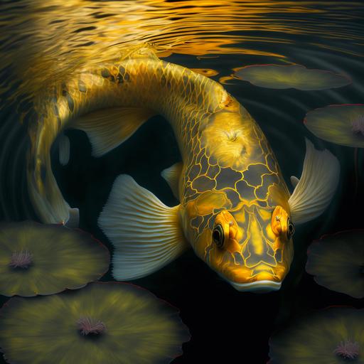 yellow koi fish in a pond , yellow irisis around the edge of the pond ,complex, intricate, insane detail, , up light , inner glow --v 4 --q 2 --v 4