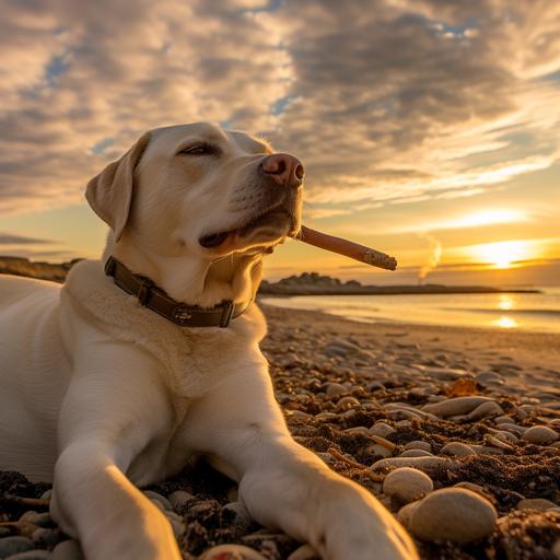 yellow lab smoking a cigar on the beach in york maine, low angle, late afternoon