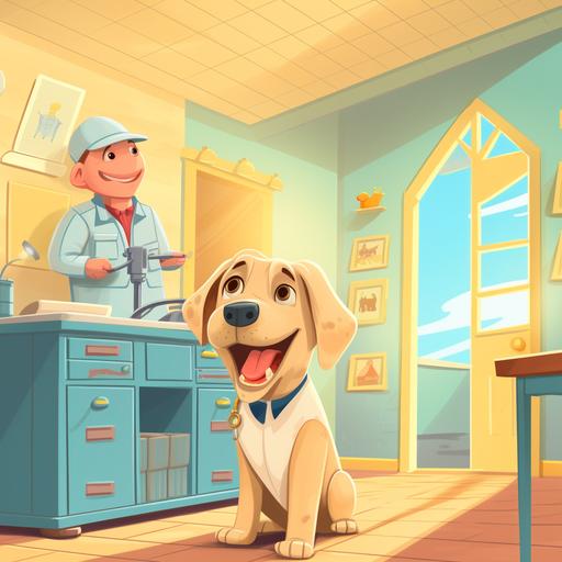 yellow labrador visiting vet, cartoon animation. Funny, friendly and family oriented