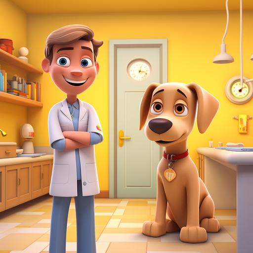 yellow labrador visiting vet, cartoon animation. Funny, friendly and family oriented