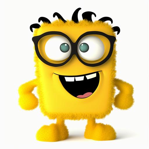 yellow monster, friendly, kind, cute, welcoming pose, black framed glasses, clean white background,  --v 5