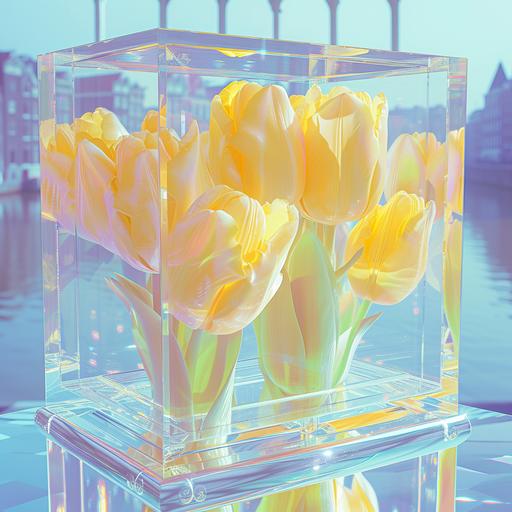 yellow tulips inside a glass box with a backdrop of Amsterdam --v 6.0 --sref