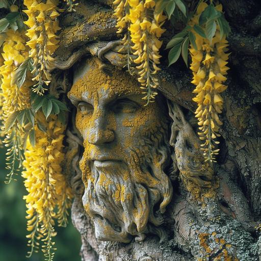 yellow yggdrasil rooted tree with wisteria leaves, tree spirit face carved into the tree,standing in an wisteria rainworld of supernatural flowers --s 600 --v 6.0 --c 15